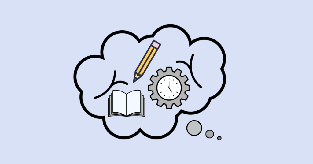 Thought cloud with time management and learning symbols.