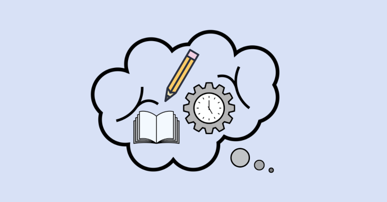 Thought cloud with time management and learning symbols.